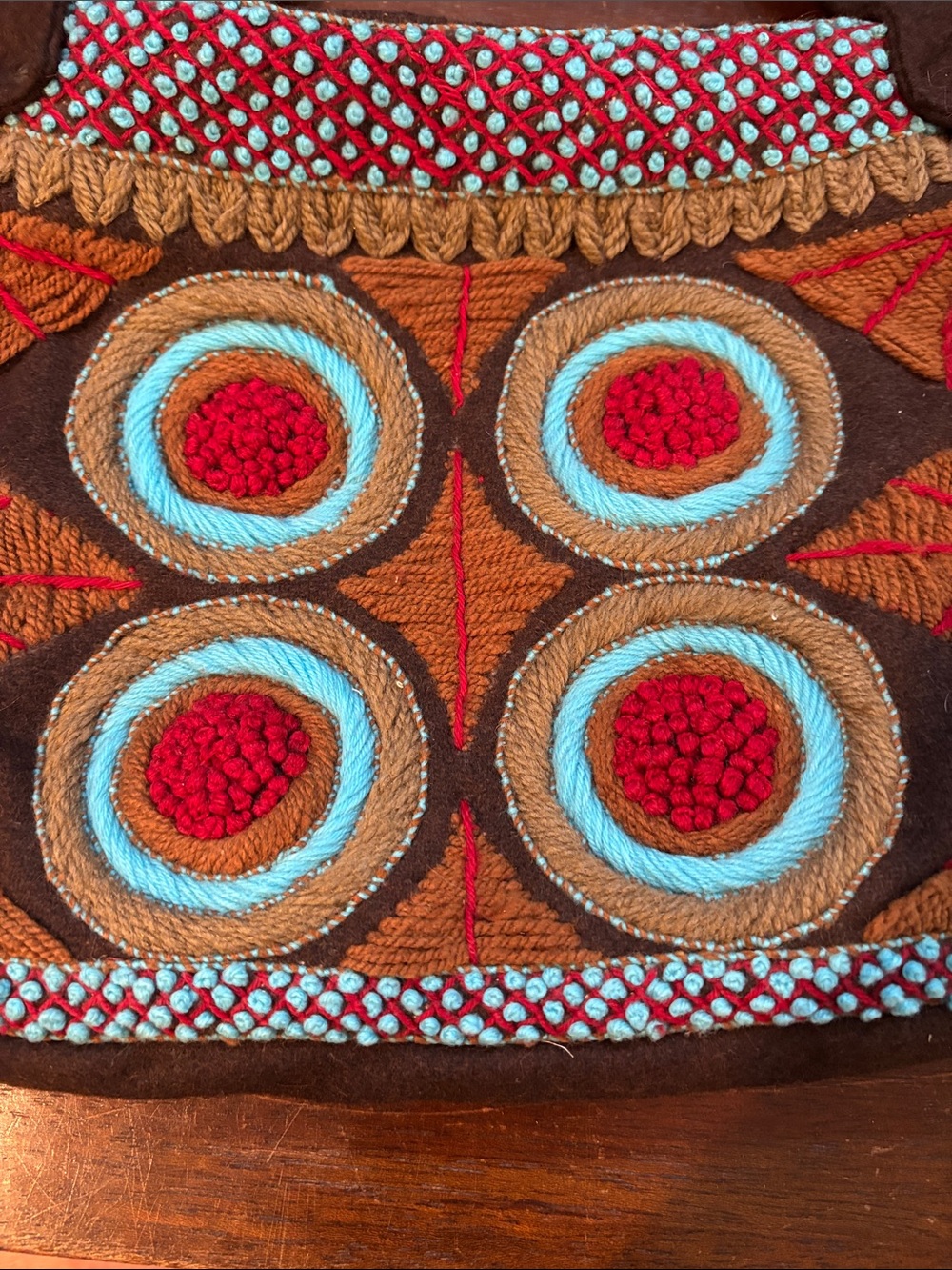 Surkana Boho Embroidered Brown Felted Shoulder Bag with Turquoise & Red Accents - Picture 6 of 6